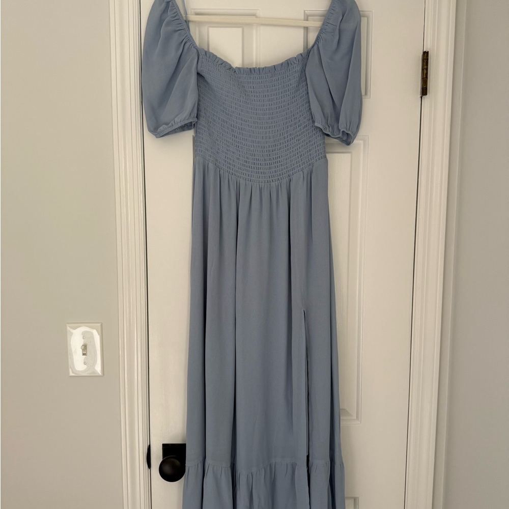 Reformation Blue Off the Shoulder Midi Dress